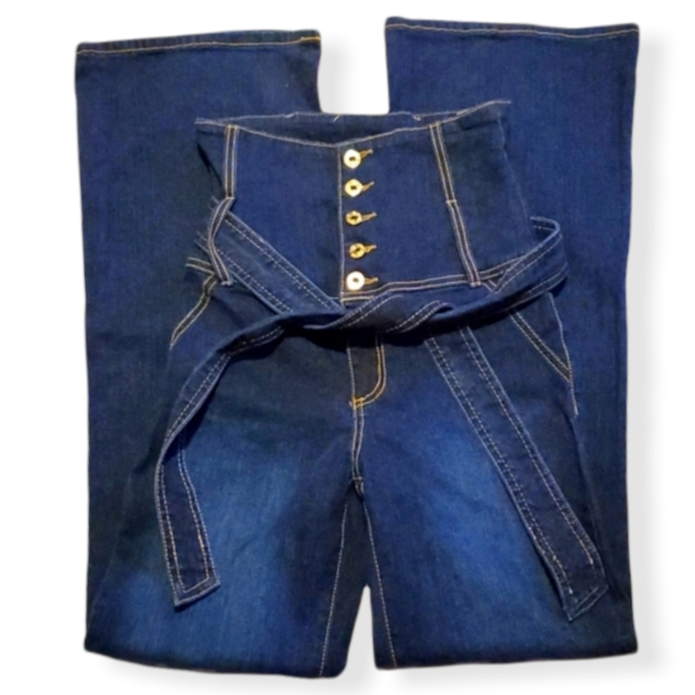 Y2K💥Vintage Baby Phat💙High-Waist Corset Denim Wide leg Jeans w/Belt, Sz 3/26